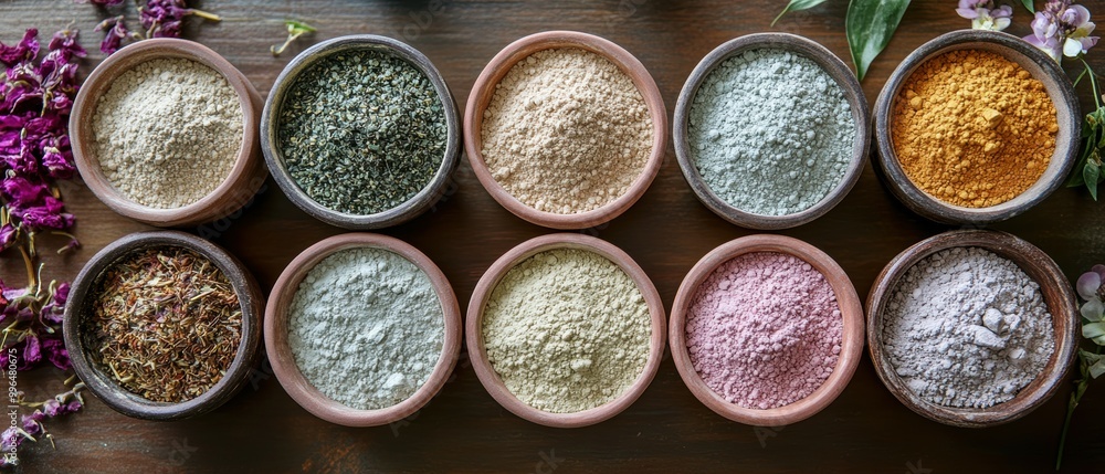 Overhead view of natural cosmetic raw materials like clays, powders, and flower petals Overhead view of natural cosmetic raw materials like clays, powders, and flower petals