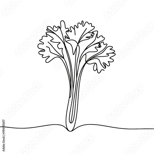 A celery stalk is drawn in black and white. The celery is the main focus of the image, and it is growing out of the ground. The celery is elongated and has a pointed tip