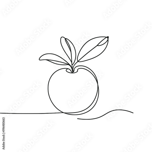 A single line drawing of an apple with a leaf on top. The apple is shown in a close up and the leaf is positioned above it. The image has a simple and clean look, with the focus on the apple
