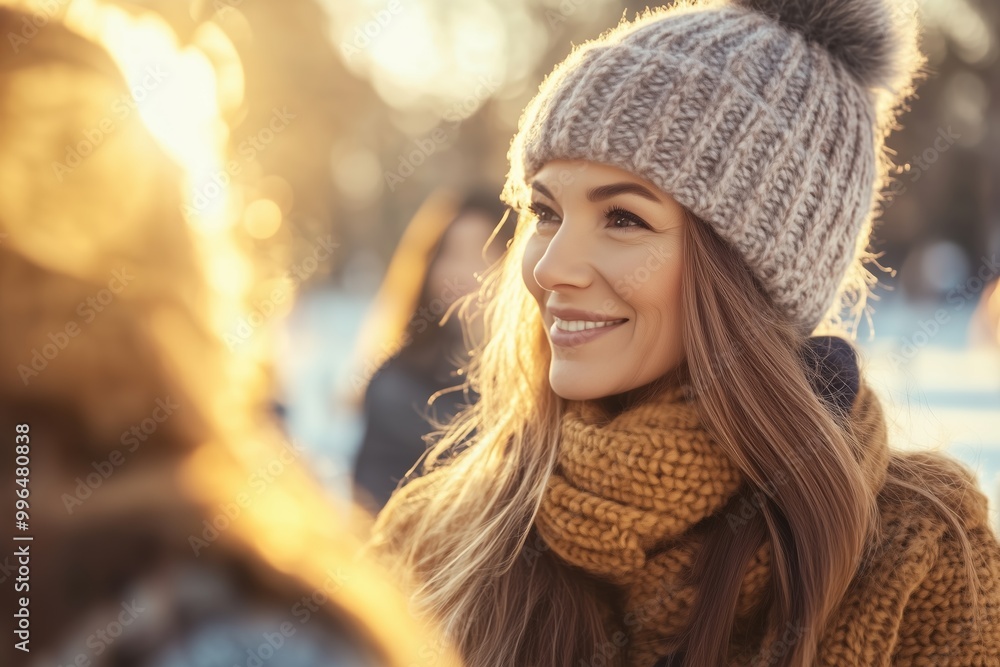 A woman wearing a hat and scarf is smiling at the camera A woman wearing a hat and scarf is smiling at the camera