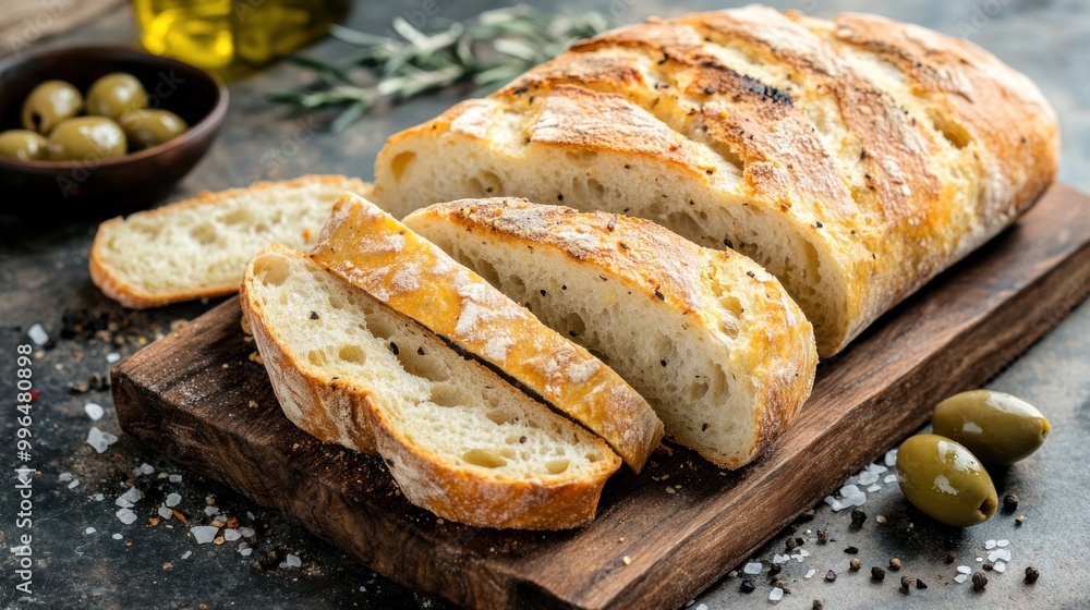 Freshly baked bread sliced on a wooden board, accompanied by olives and olive oil.