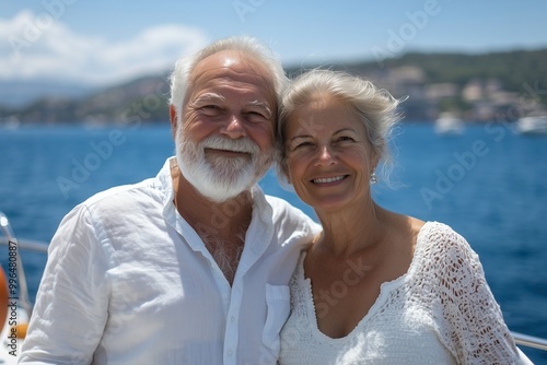 A couple is smiling and posing for a picture on a boat in the ocean