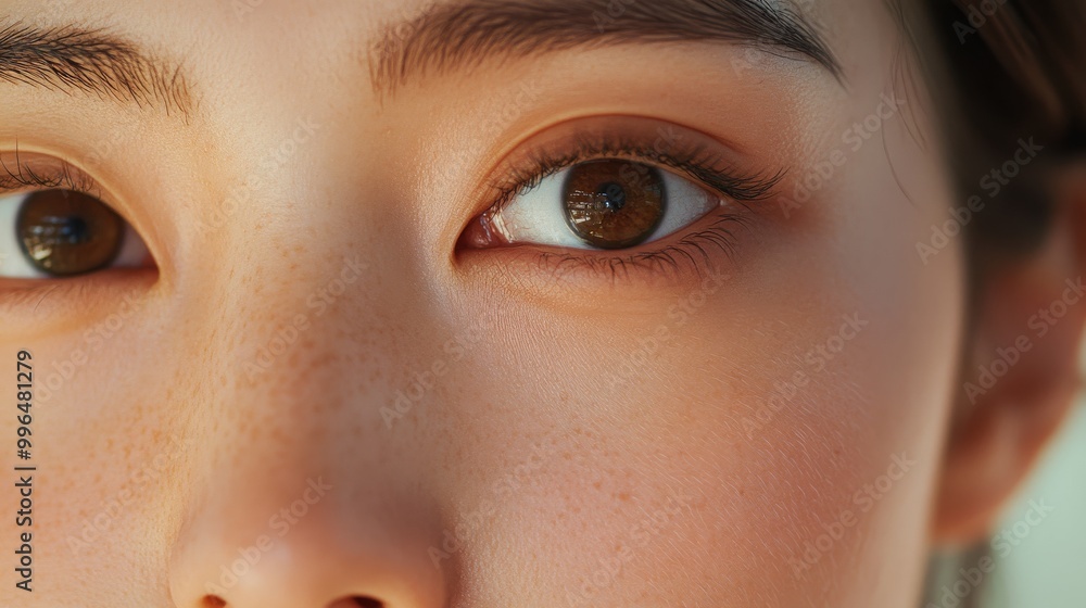 Obraz premium A Korean woman’s face is captured in extreme close-up, emphasizing the fine texture of her skin and the natural beauty of her features, showcasing captivating skin details