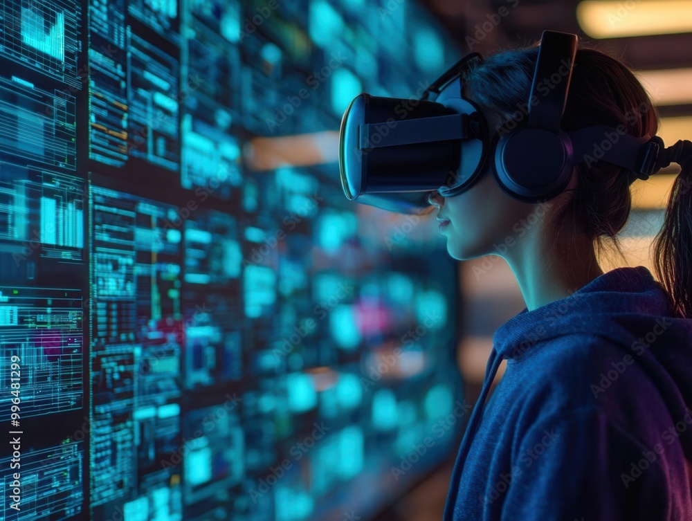 A software developer creating complex systems in a futuristic virtual workspace A software developer creating complex systems in a futuristic virtual workspace