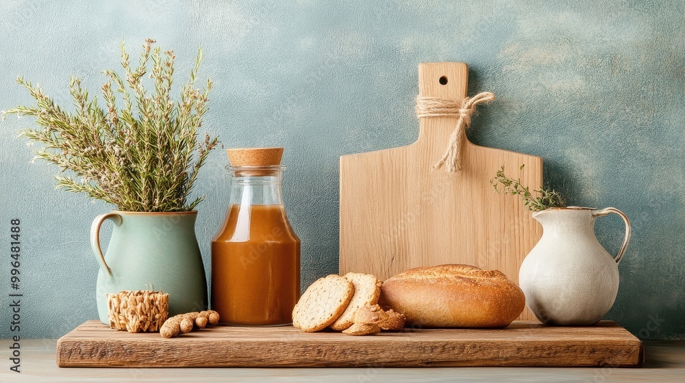 Rustic setting with homemade pet treats on display, artisanal style Rustic setting with homemade pet treats on display, artisanal style