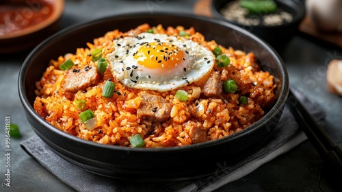 Hearty Korean kimchi fried rice with pungent fermented cabbage tender meat and a perfectly cooked egg artfully assembled by a joyful Korean chef on the Korean flag background with free copy space photo