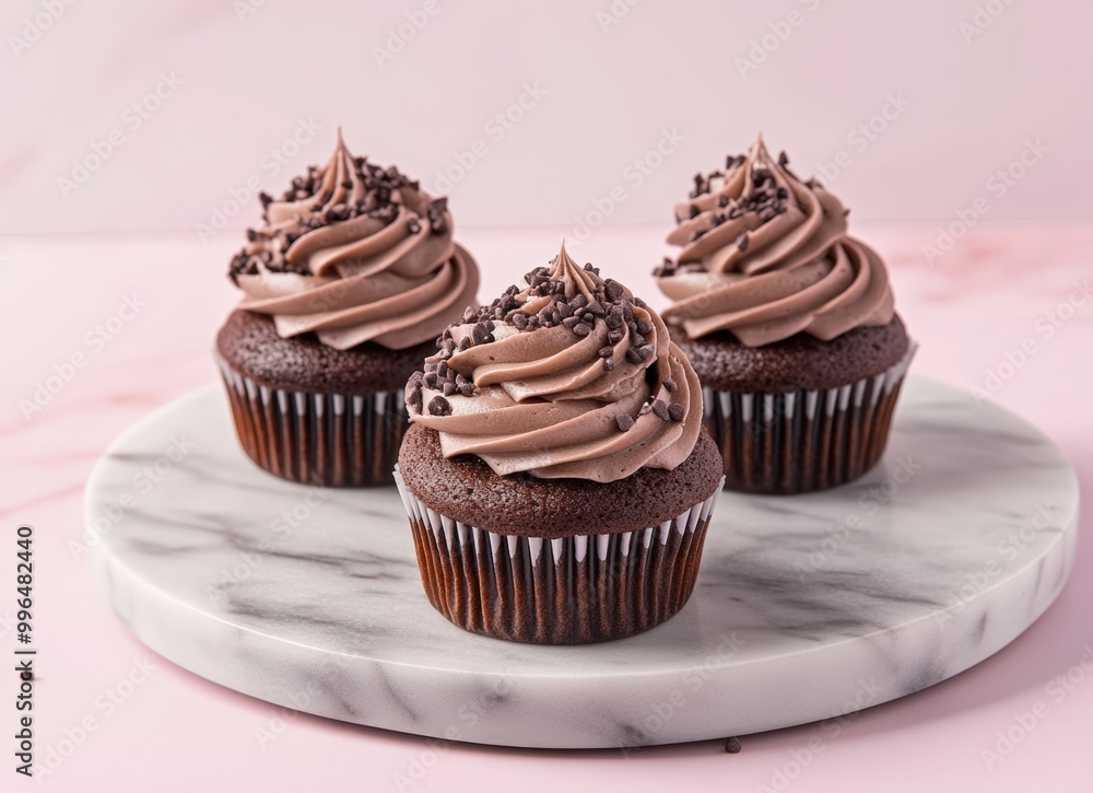chocolate cupcakes with chocolate cream and sprinkles on marble plate, pink background chocolate cupcakes with chocolate cream and sprinkles on marble plate, pink background