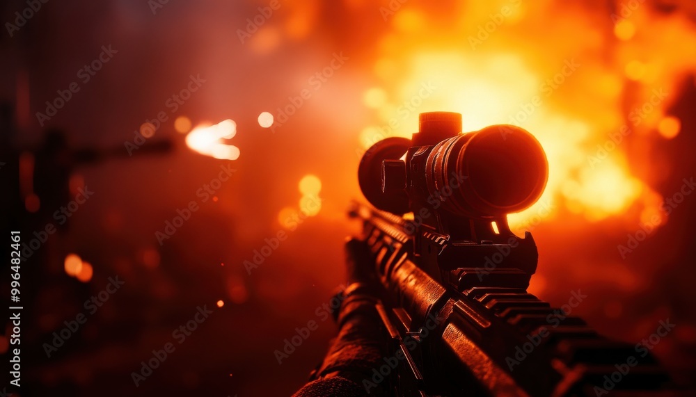 A soldier aiming a rifle against a backdrop of flames, intense and dramatic atmosphere. A soldier aiming a rifle against a backdrop of flames, intense and dramatic atmosphere.