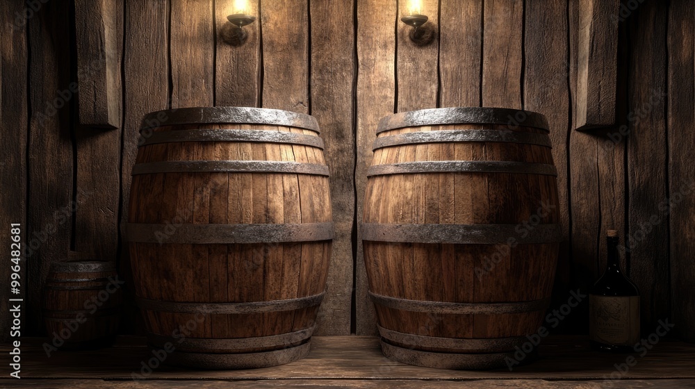 Two wooden barrels set against a rustic wooden backdrop in a wine cellar