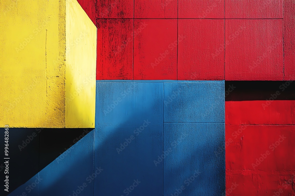 Naklejka premium Colorful abstract geometric artwork with yellow, red, and blue shapes creating a vibrant and dynamic visual composition.