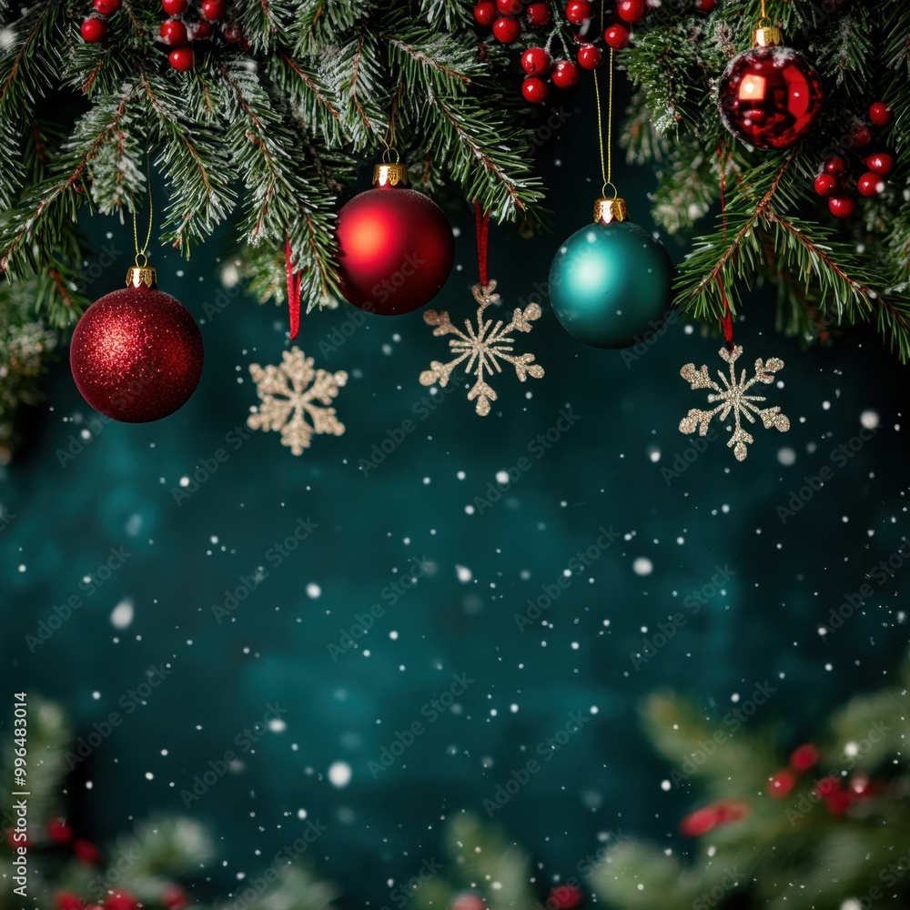 Festive Christmas Background with Ornaments, Snowflakes, and Pine Branches
Festive Christmas Background with Ornaments, Snowflakes, and Pine Branches
