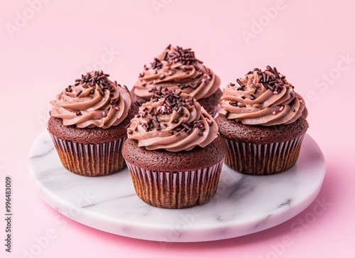 chocolate cupcakes with chocolate cream and sprinkles on marble plate, pink background