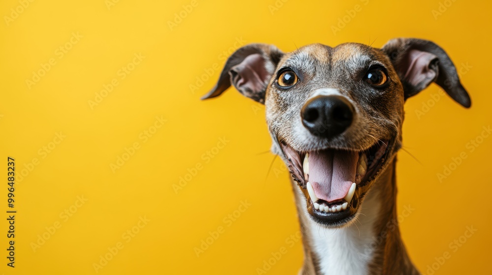 Energetic Greyhound happy head portrait on a yenllow background in the studio Energetic Greyhound happy head portrait on a yenllow background in the studio