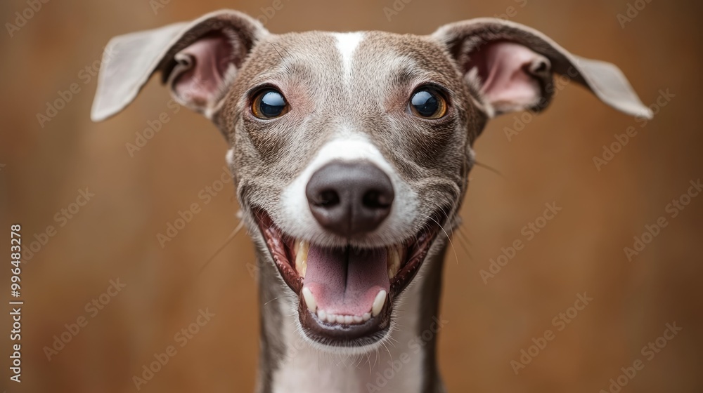 Friendly Whippet happy head portrait on a brown background in the studio Friendly Whippet happy head portrait on a brown background in the studio