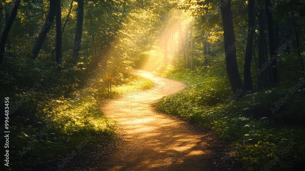 A winding trail through a lush forest lit by sunlight filtering through the trees symbolizes hope and direction with signposts suggesting different loan forgiveness options A winding trail through a lush forest lit by sunlight filtering through the trees symbolizes hope and direction with signposts suggesting different loan forgiveness options