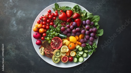 Food art arrangement featuring a creative composition of fruits and vegetables on a plate