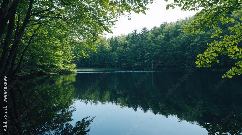 Serene Natural Setting Showcasing a Dark Lake Lush Trees and a Clear Sky Serene Natural Setting Showcasing a Dark Lake Lush Trees and a Clear Sky