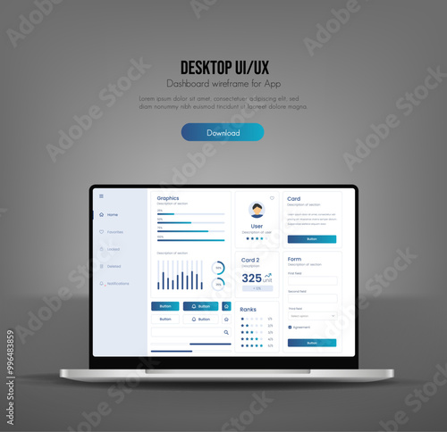 User interface of an analysis panel on a laptop. UX UI design. Dashboard usability laptop on electronic devices. Charts and tables for efficient data management and monitoring.