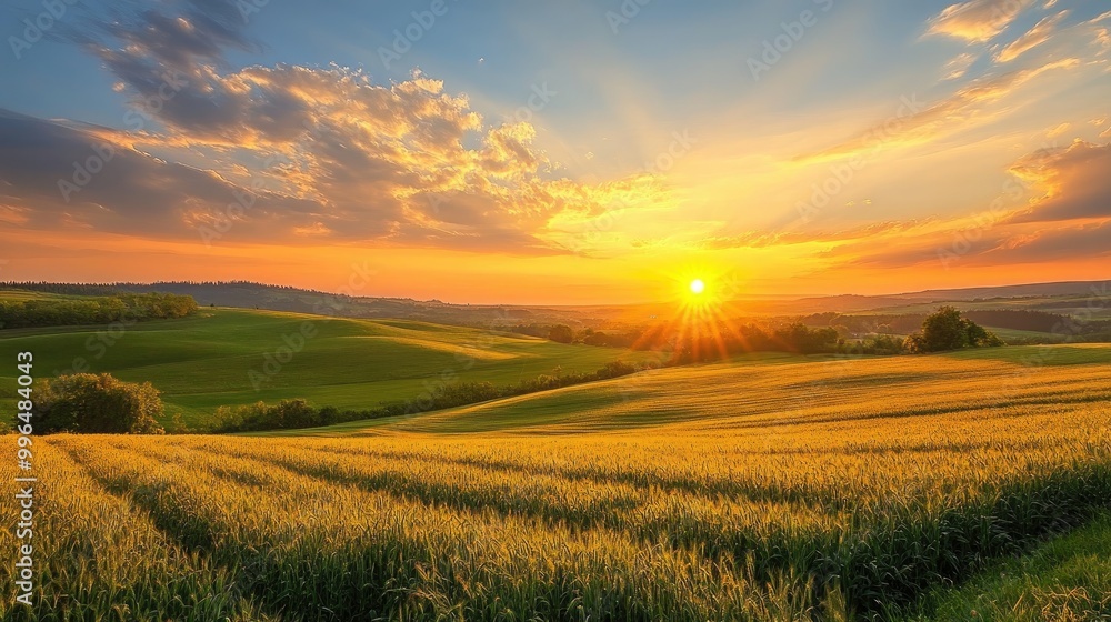 Summer sunset over fields in a picturesque landscape Summer sunset over fields in a picturesque landscape