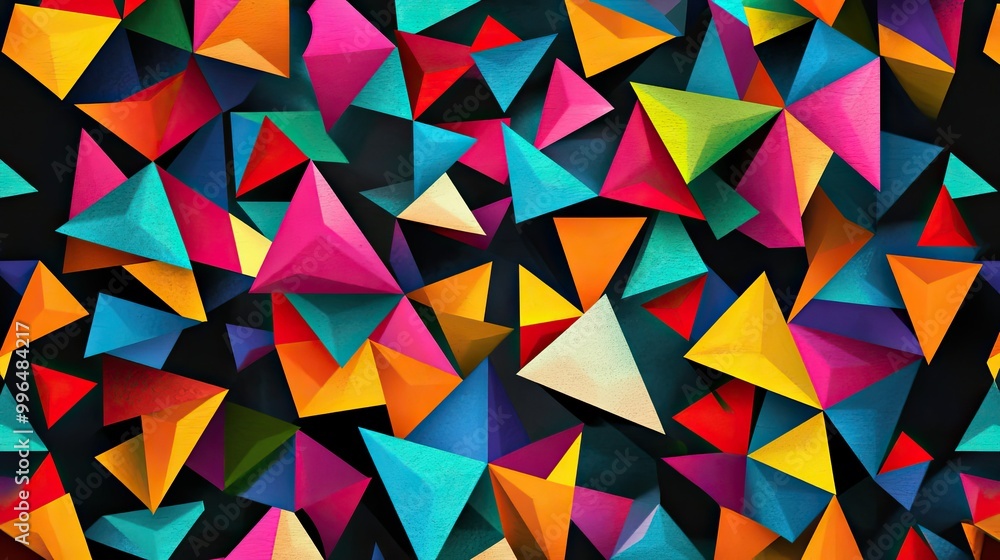 Vibrant geometric abstract pattern with colorful triangles and shapes, creating a dynamic and modern design. Vibrant geometric abstract pattern with colorful triangles and shapes, creating a dynamic and modern design.