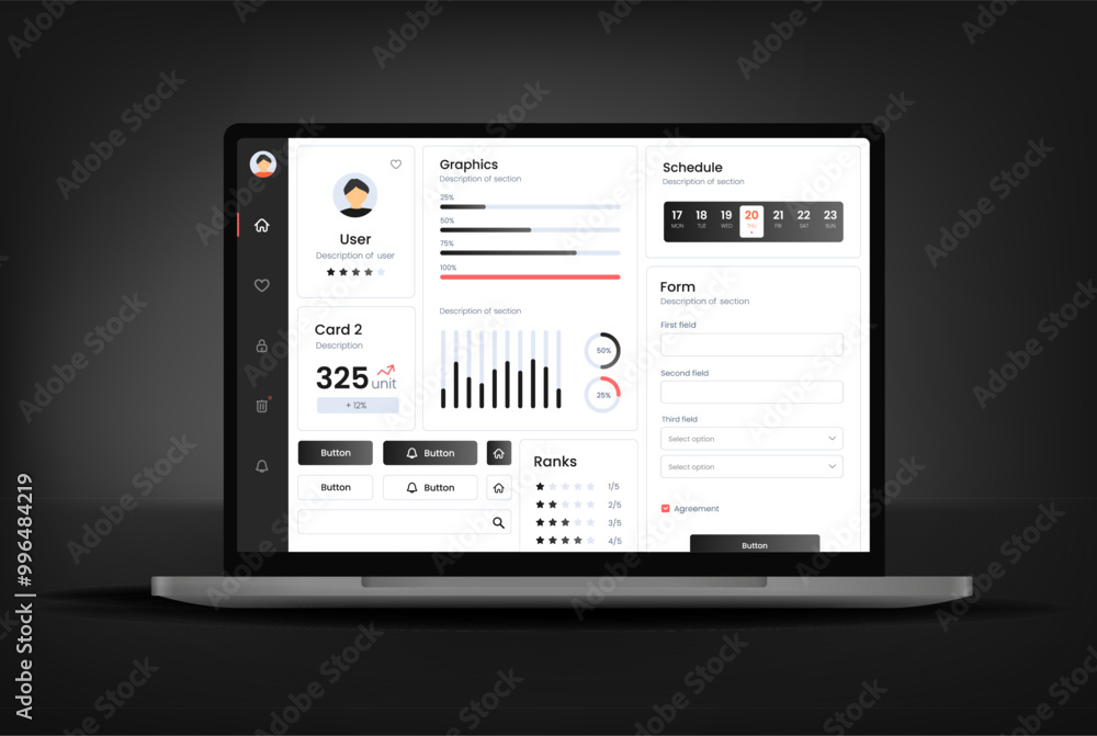 User interface of an analysis panel on a laptop. UX UI design. Dashboard usability laptop on electronic devices. Charts and tables for efficient data management and monitoring. User interface of an analysis panel on a laptop. UX UI design. Dashboard usability laptop on electronic devices. Charts and tables for efficient data management and monitoring.