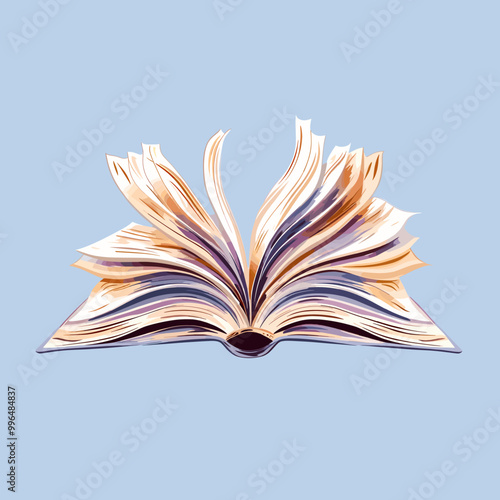 Open book illustration with flowing pages on a soft blue background