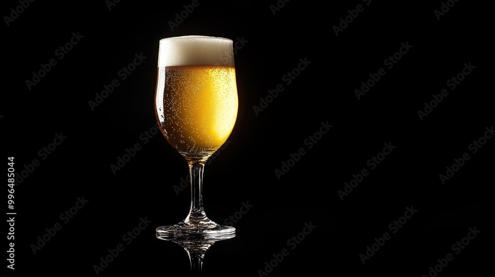 Refreshing beer in a clear glass on a black background, highlighting the golden liquid and foam. Refreshing beer in a clear glass on a black background, highlighting the golden liquid and foam.