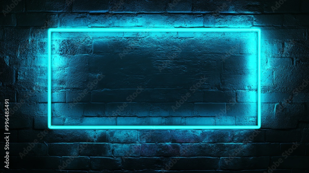 Illuminated blue neon frame against a dark brick wall, offering a striking backdrop or banner space for various graphic design projects. Illuminated blue neon frame against a dark brick wall, offering a striking backdrop or banner space for various graphic design projects.