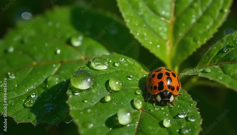 Fototapeta premium Ladybug on water-droplet covered leaf in vibrant macro photography