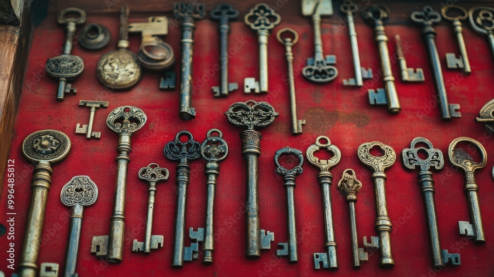 Obraz premium A display of intricate antique keys showcased at a vintage fair symbolizing historical significance and intrigue