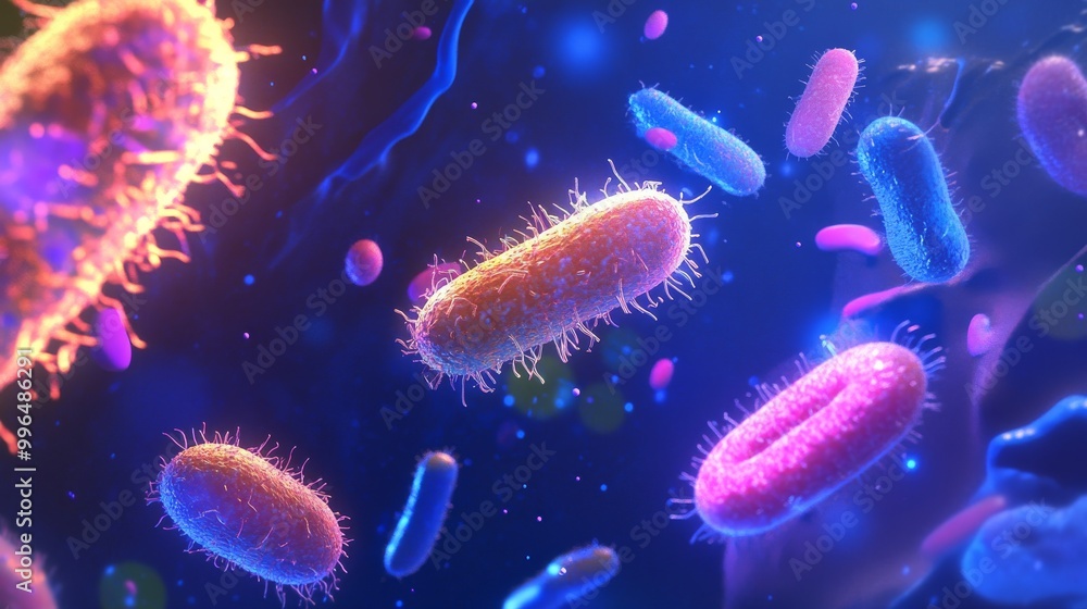 View of probiotic bacteria in the stomach of a human, showing Escherichia coli and other organisms associated with digestion and health View of probiotic bacteria in the stomach of a human, showing Escherichia coli and other organisms associated with digestion and health