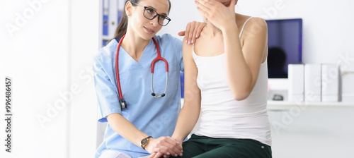 Portrait of medical worker comfort patient and say support words to her. Upset client got diagnostic result and cry. Medicine, healthcare, hospital concept