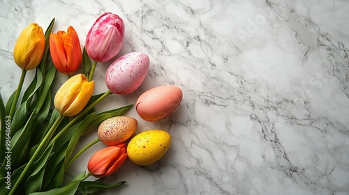 Flat lay arrangement of colorful eggs alongside tulips on a marble stone surface creating a festive theme photo