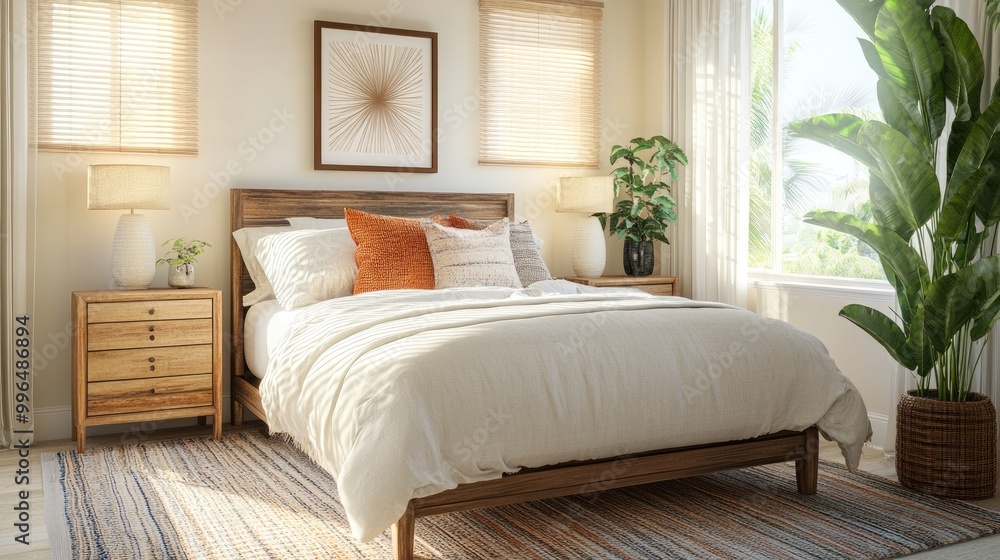 Cozy bedroom showcasing a light bed wooden nightstand and vibrant plant fostering a serene and welcoming ambiance Cozy bedroom showcasing a light bed wooden nightstand and vibrant plant fostering a serene and welcoming ambiance