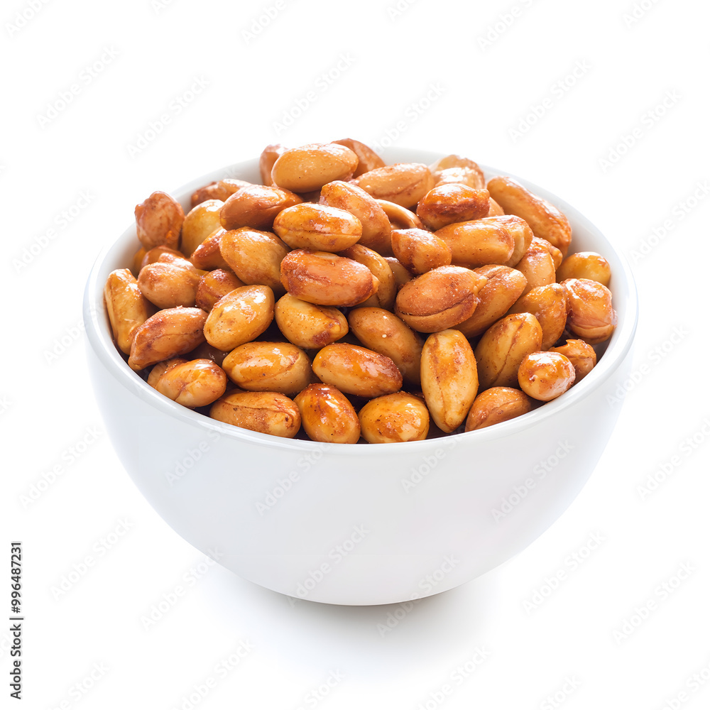 White bowl of spicy peanuts isolated on white background White bowl of spicy peanuts isolated on white background
