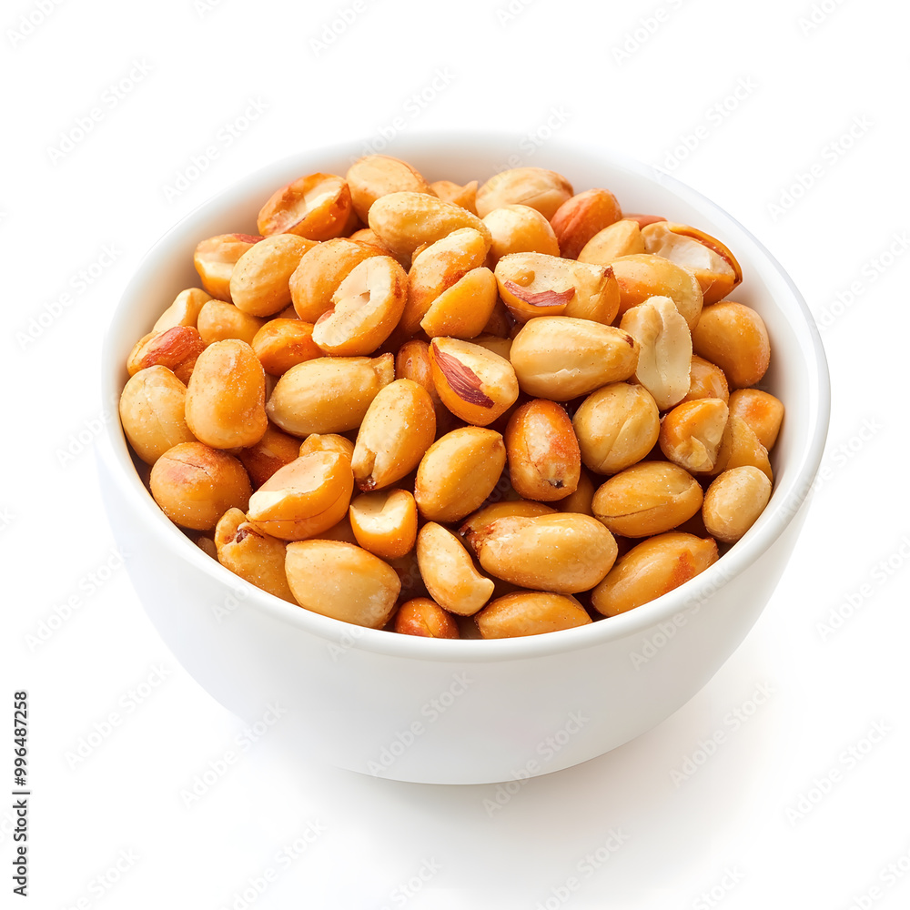 White bowl of spicy peanuts isolated on white background White bowl of spicy peanuts isolated on white background