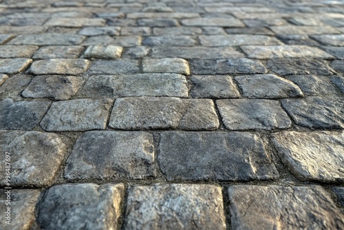 Cobblestone street texture, with uneven stones and weathered surfaces