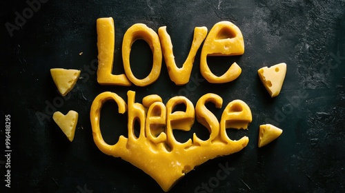 Cheese themed typography with the phrase Love Cheese carved from yellow cheddar on a dark background photo