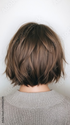 Layered bob, soft layers and volume, eyelevel back view, realistic texture, isolated on white background