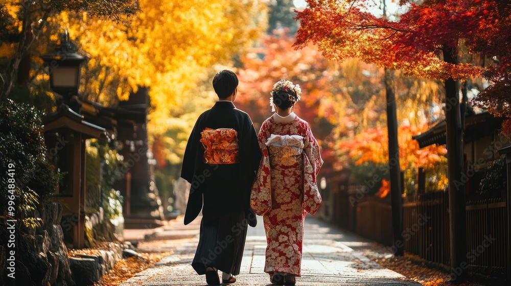 Couple dressed in traditional attire strolls together in an outdoor setting Couple dressed in traditional attire strolls together in an outdoor setting