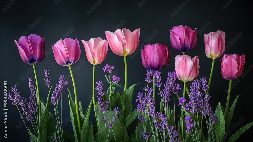 Fototapeta premium Vibrant pink and purple tulips alongside delicate lavender flowers set against a dark backdrop