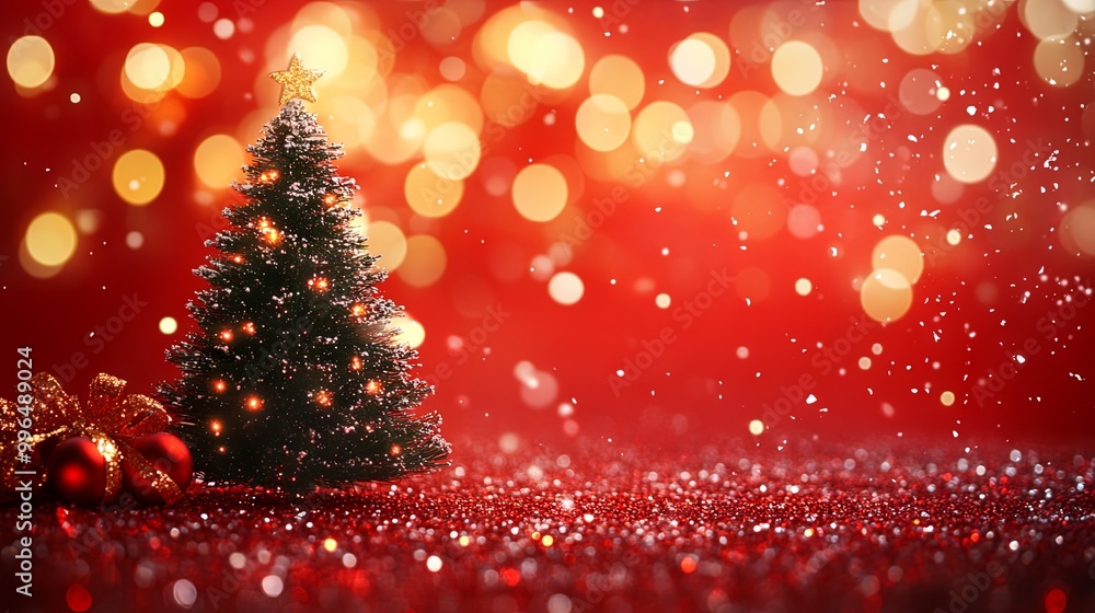 Christmas Tree with Red Background and Falling Snow Christmas Tree with Red Background and Falling Snow