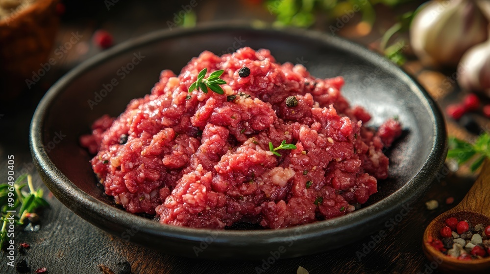 Homemade organic minced beef steak prepared from raw ingredients Homemade organic minced beef steak prepared from raw ingredients