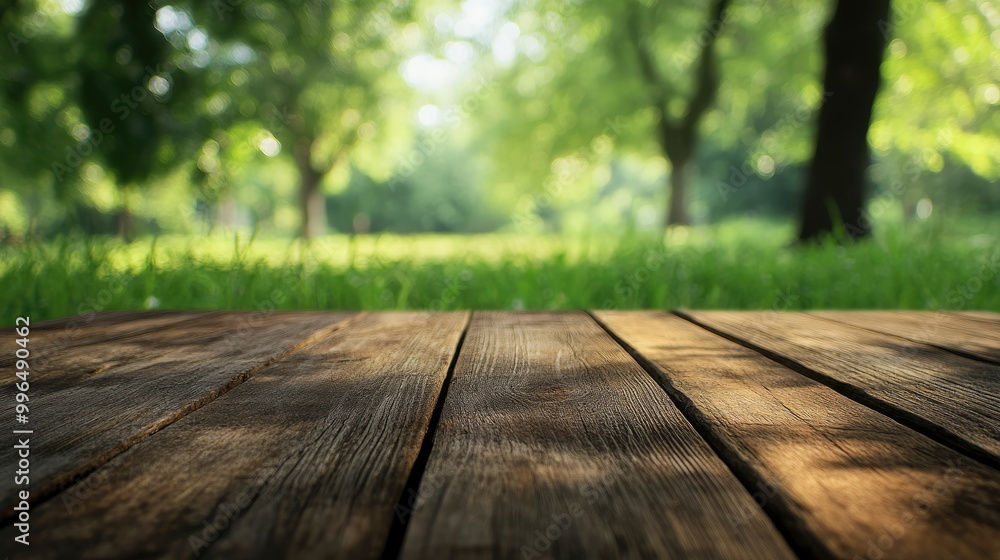 Fototapeta premium Brown wooden table with a blurred green nature backdrop of trees and grass featuring empty space for product display mockup Ideal for fresh spring and natural product themes