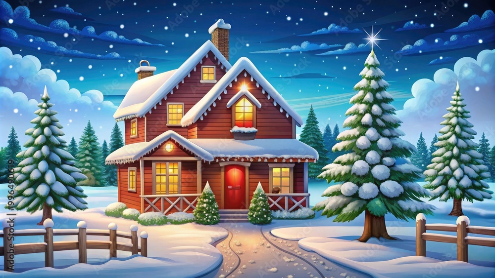 Fototapeta premium A cozy wooden cabin covered in snow, surrounded by festive trees under a starry night sky. Perfect for winter holiday themes.