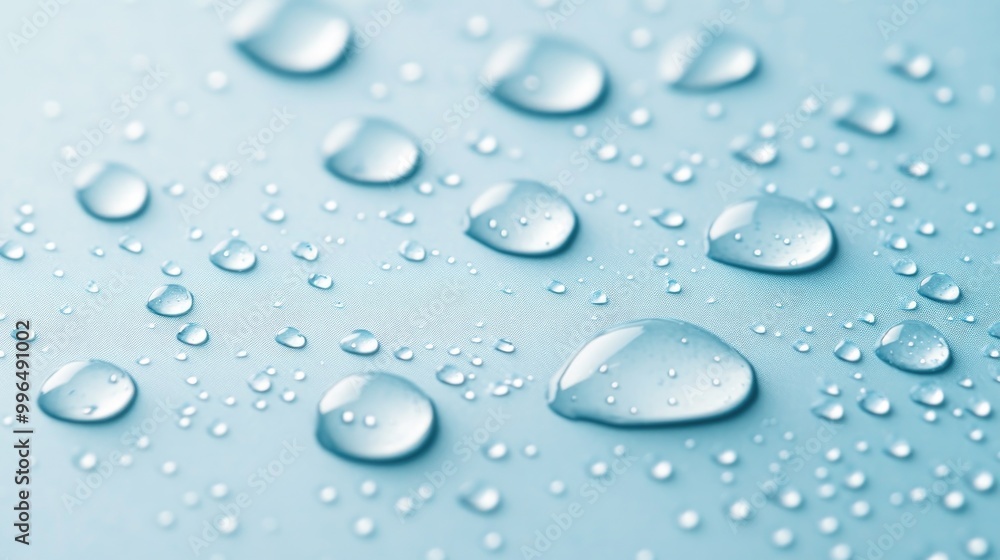 Water droplets on a soft light blue background, representing cleanliness, freshness, and cool hydration. Water droplets on a soft light blue background, representing cleanliness, freshness, and cool hydration.