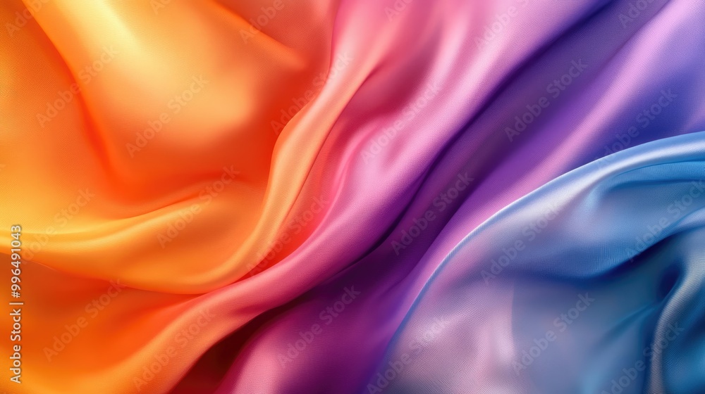 Fototapeta premium Wavy silk fabric backdrop featuring vibrant shades of orange purple and blue