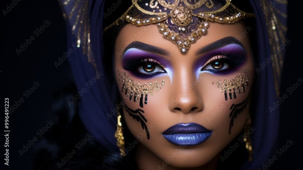 Beautiful drag queen in dress with purple fairy makeup. Neural network ai generated art Beautiful drag queen in dress with purple fairy makeup. Neural network ai generated art