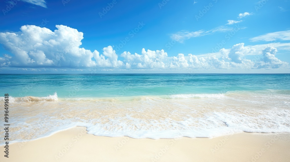 Tropical beach featuring fine sand tranquil ocean waves and a bright blue sky as the backdrop
