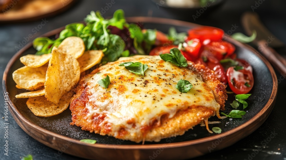 Cooking Chicken Schnitzel Parmigiana topped with melted cheese served with crispy chips and a fresh salad Themes Chicken Schnitzel Comfort Food Culinary Recipes Gourmet Presentation Cooking Chicken Schnitzel Parmigiana topped with melted cheese served with crispy chips and a fresh salad Themes Chicken Schnitzel Comfort Food Culinary Recipes Gourmet Presentation
